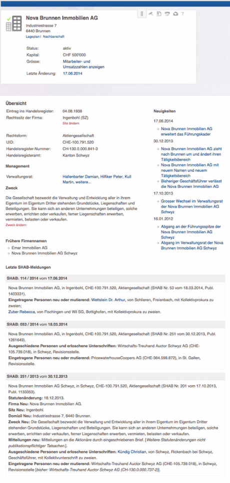 Handelsregisterauszug Nova Brunnen Immobilien AG Brunnen / Dr. Arthur Wettstein für KUMARO AG