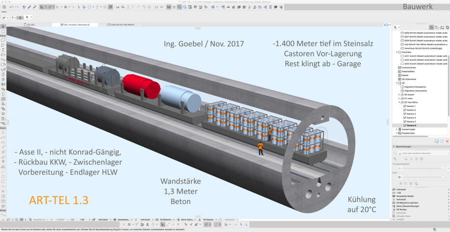 Oben im Bild - die Überfässer mit den ca. 300.000 m3 Asse Resten aus der Asse Räumung - das ART-TEL begann als Asse-Reste-Tief-Tunnel-End-Lager    die Überfässer 400 Liter wurden in 2015/2016 extra für den aus der Asse zu bergenden Atommüll von Fa. Mayer 