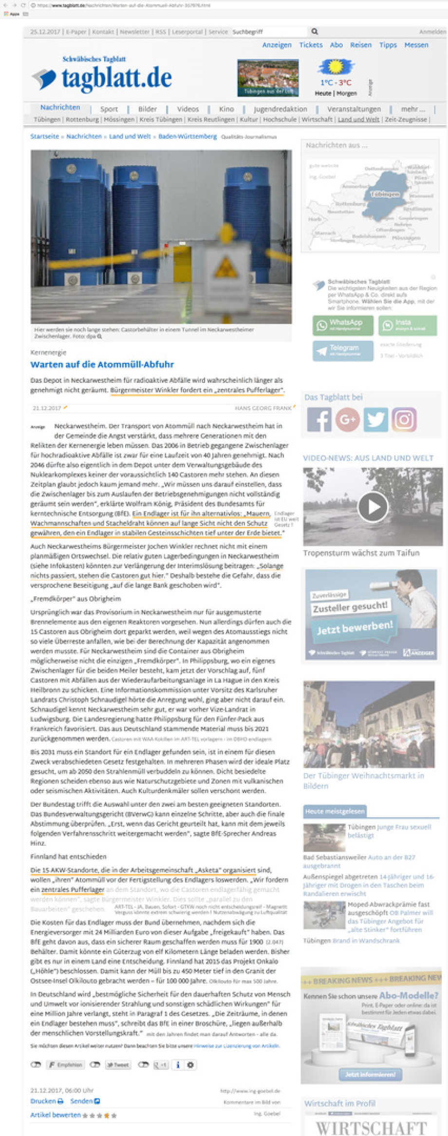 Artikel im Schwäbischen Tagblatt - Warten auf die Atommüll-Abfuhr Phillipsburg / Obrigheim
