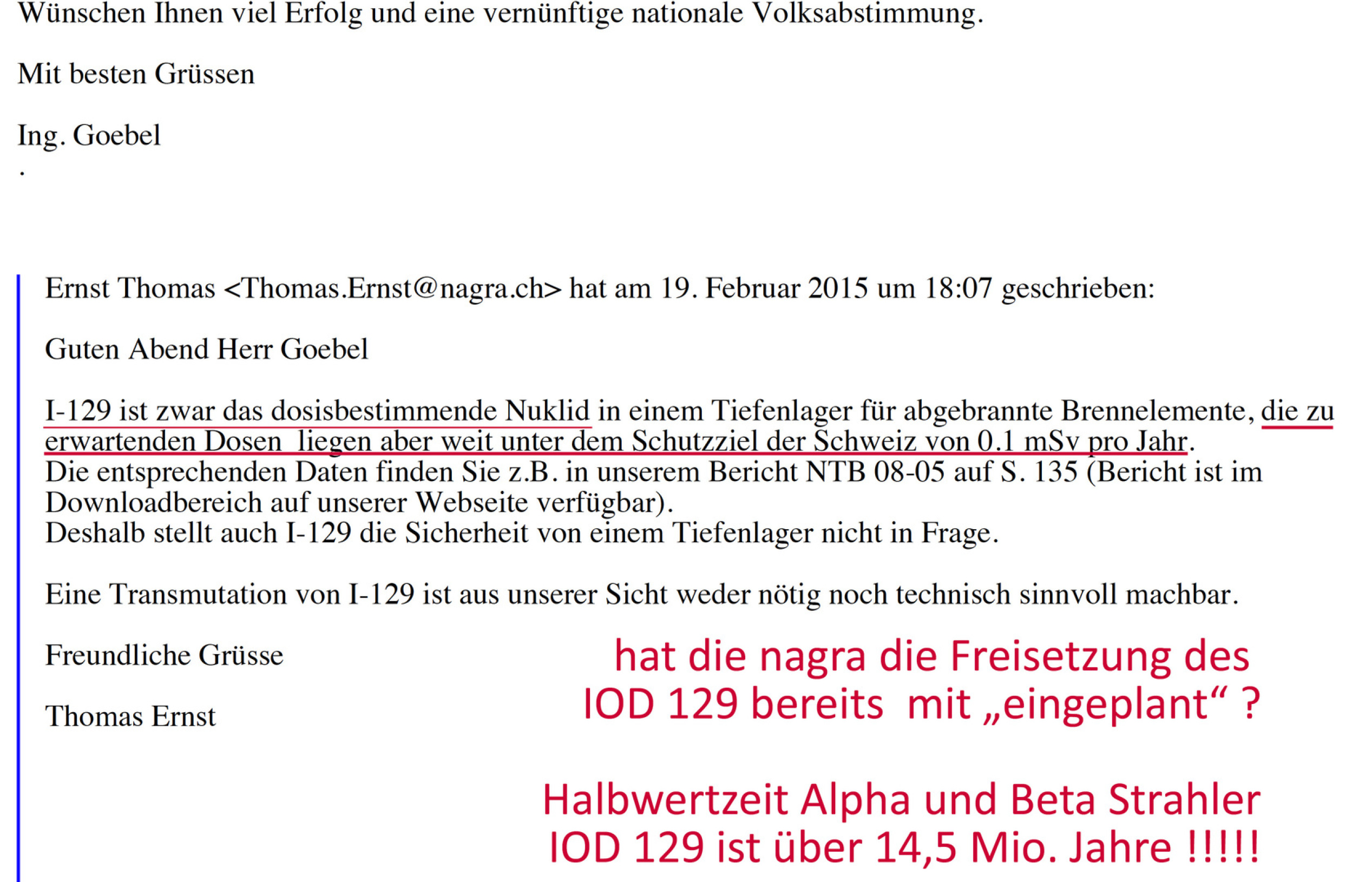 Thomas Ernst nagra Wettingen - plant eine Freisetzung von IOD 129 aus undichtem Tiefenlager