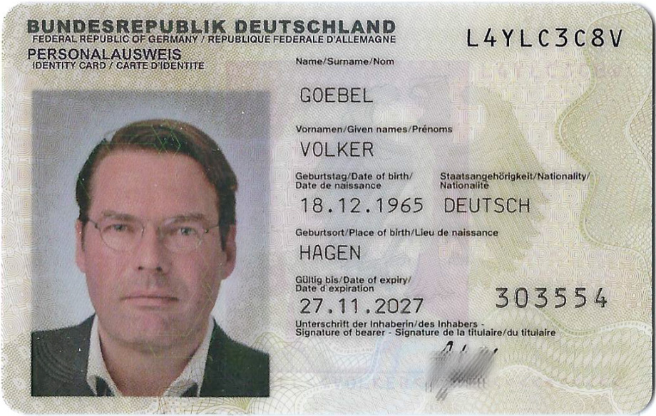 Vorderseite Personalausweis Dipl.-Ing. Volker Goebel