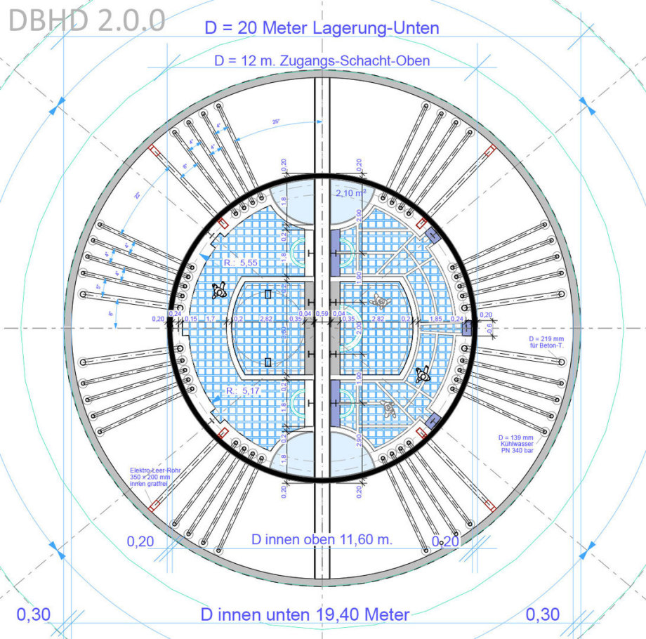 >>> Grundriss mit Abmessungen Zugangs-Schacht DBHD 2.0.0 Endlager HLW >>> Floorplan with measurement Entrance-Shaft DBHD 2.0.0 Nucl. Repository #Grundriss #Floorplan #DBHD #Endlager #GDF #NuclearRepository