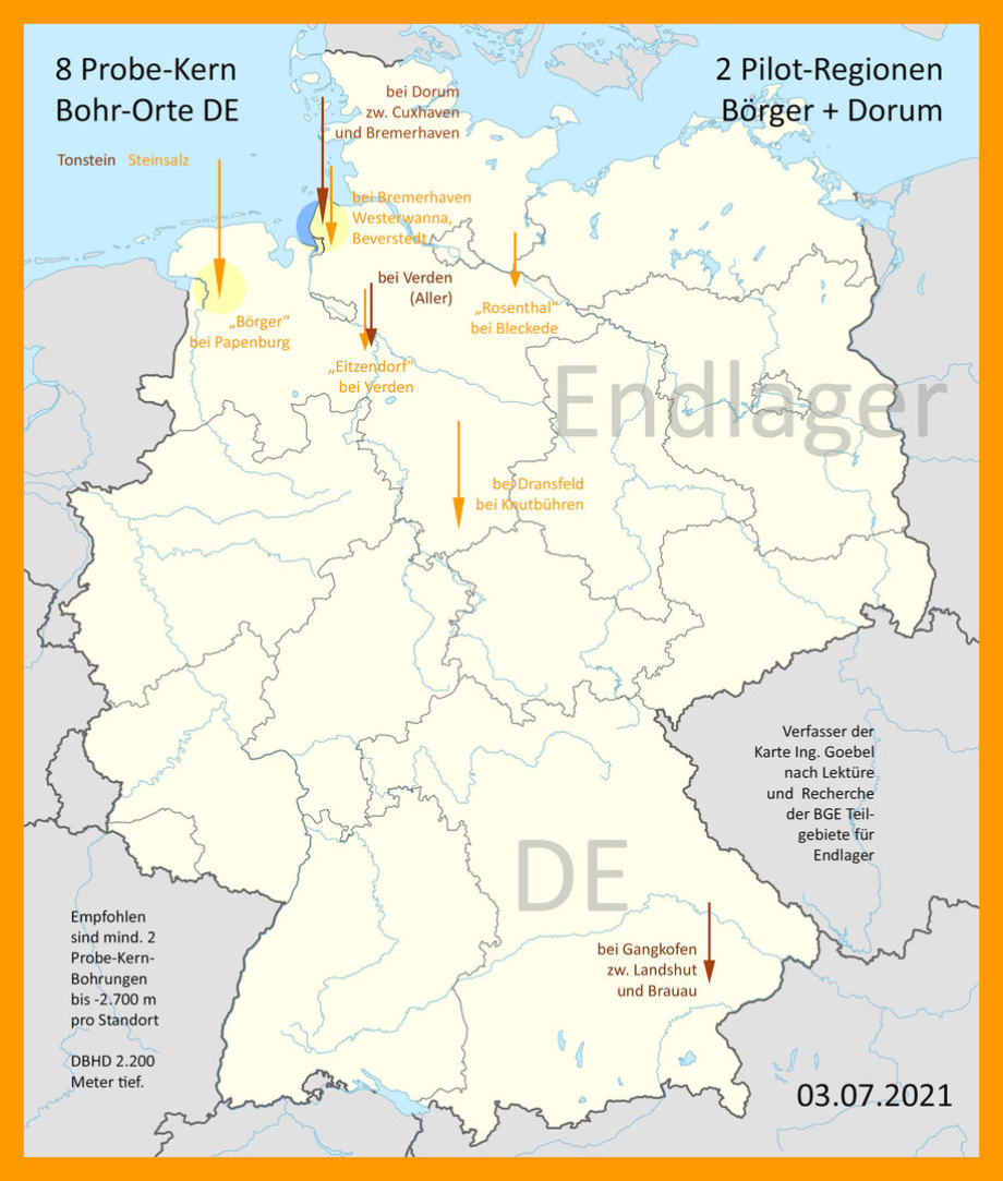 2 Pilot Regionen für HLW Endlager Sicherheits-Untersuchungen auf Deutschland-Karte