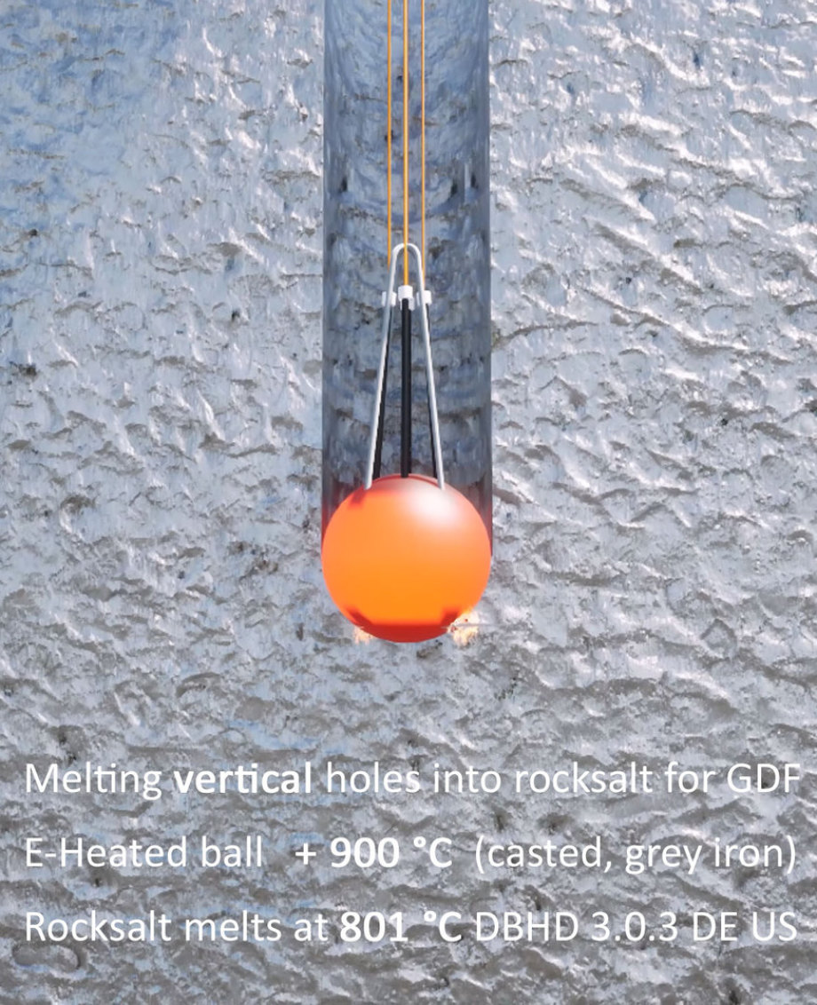 elektrisch beheizte Schmelz Kugel im DBHD 3.0.3 Endlager - Kugel aus Grau-Guss - auf 900°C elektrisch angeheizt - schmilzt ein vertikal gerade Vor-Loch