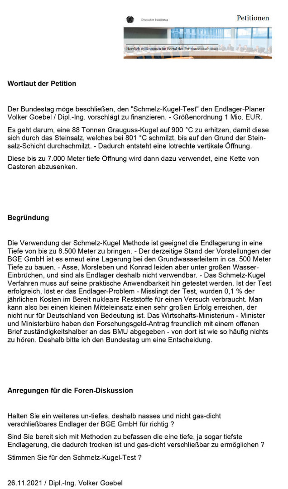 Text Petition Bundestag - Schmelz-Kugel-Test