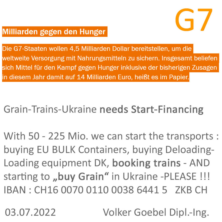 G7 asked to finance Grain-Trains-Ukraine