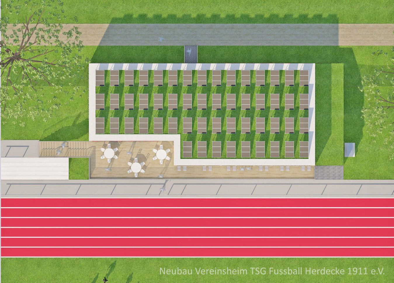 Aufsicht Neubau Vereinsheim Fussball mit Solar Anlage