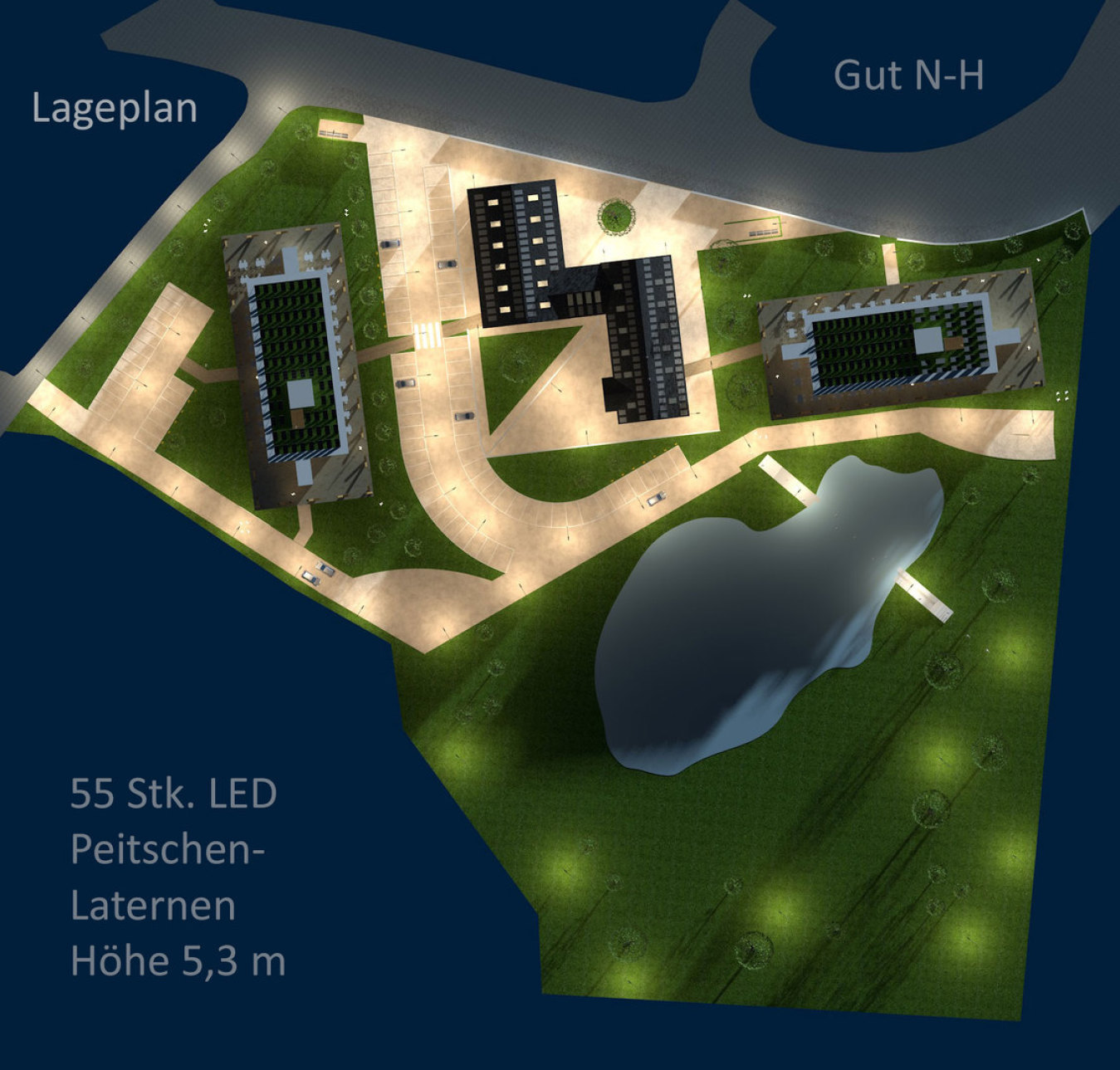 Lageplan Gut N-H - Nacht - Aufsicht 3D