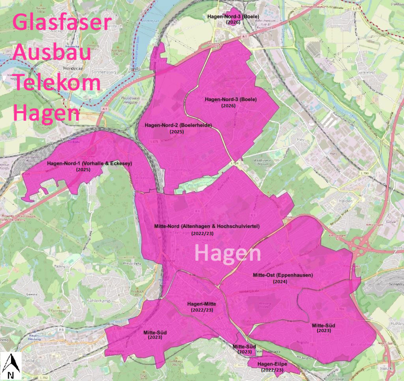 Übersichts-Karte Telekom Glasfaser Knoten Ausbaugebiete Hagen NRW DE