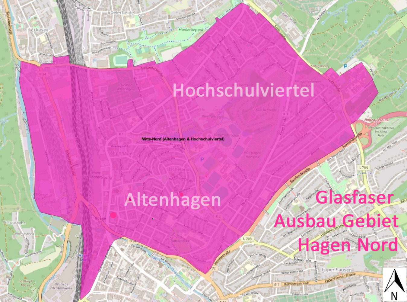 Karte Telekom Glasfaser-Knoten Ausbau-Gebiet Hagen Mitte-Nord - Hochschulviertel und Altenhagen