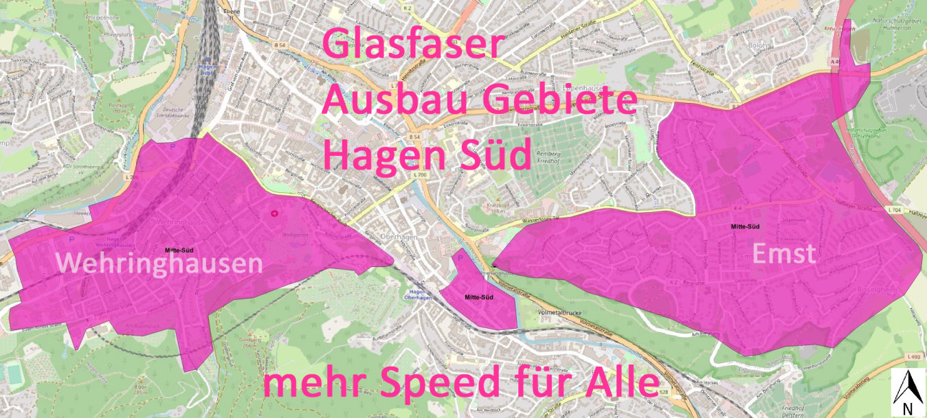 Karte Telekom Glasfaser-Knoten Ausbau-Gebiete Hagen Süd - Wehringhausen und Emst