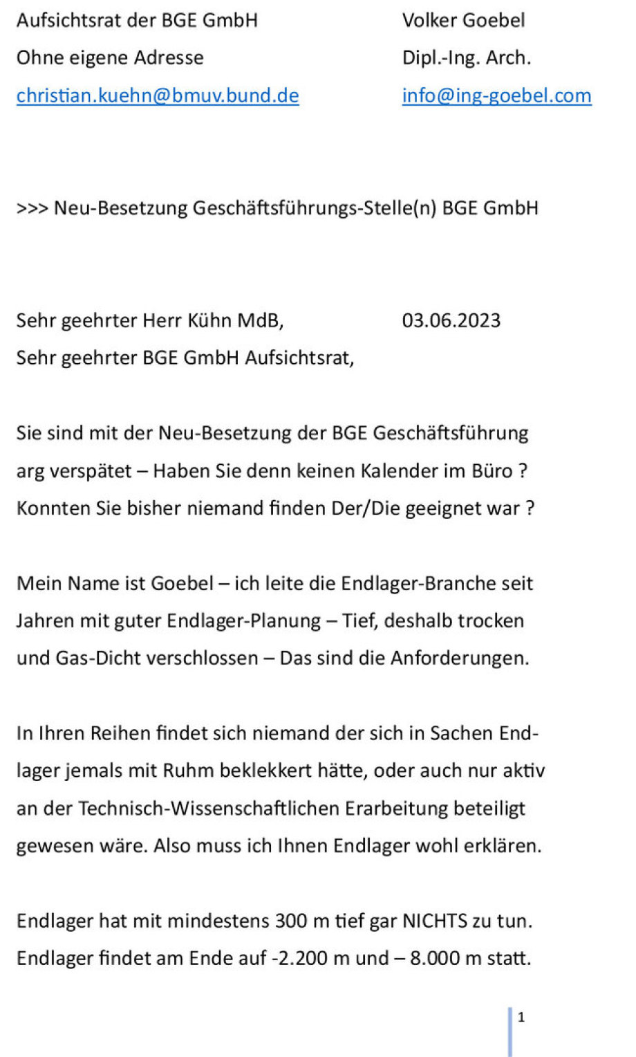 1von5 Entscheidender Brief an den BGE GmbH Aufsichtsrat - Verfasser ist der GF Stellen-Bewerber Volker Goebel Dipl.- Ing.