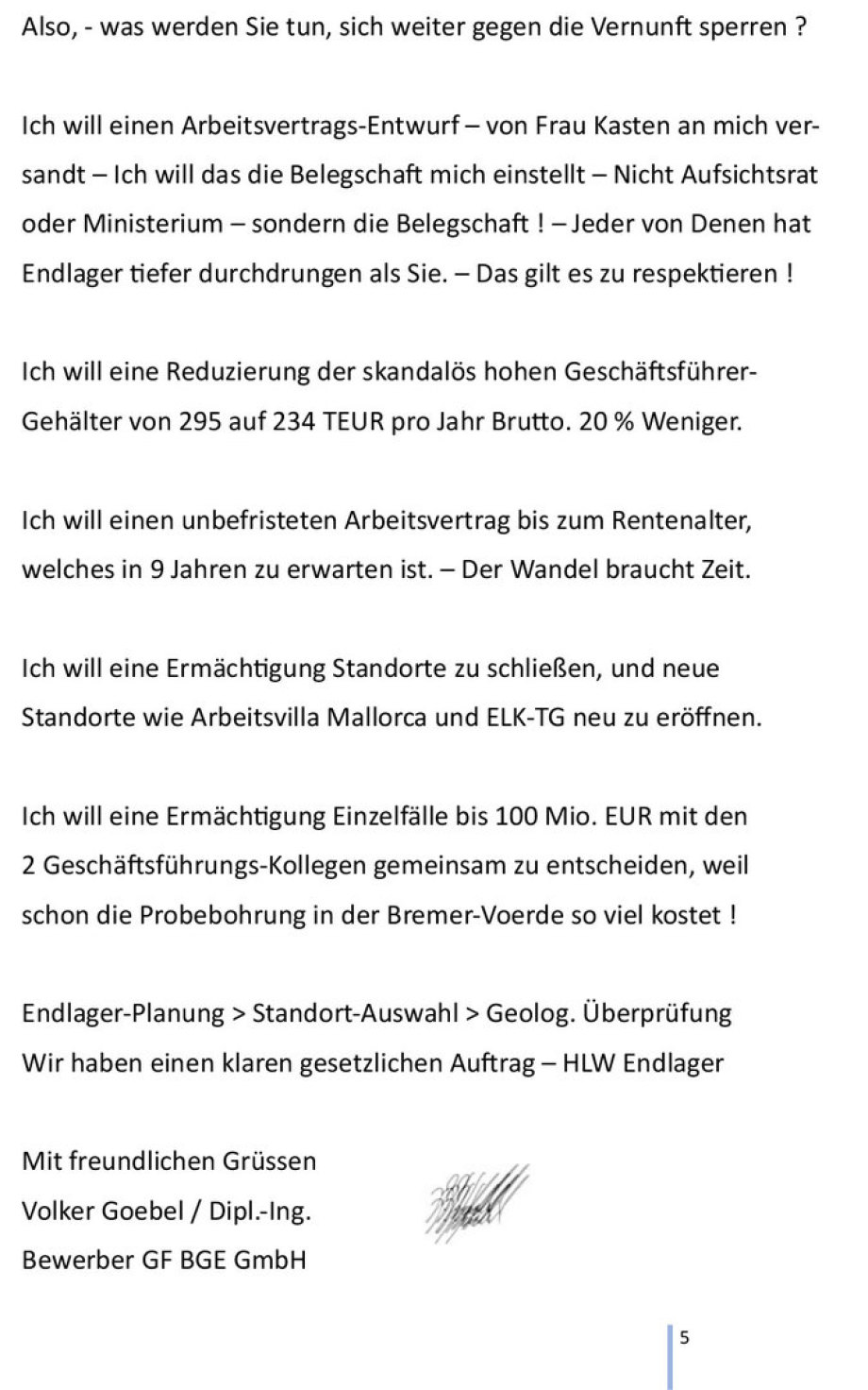 5von5 Entscheidender Brief an den BGE GmbH Aufsichtsrat - Verfasser ist der GF Stellen-Bewerber Volker Goebel Dipl.- Ing.