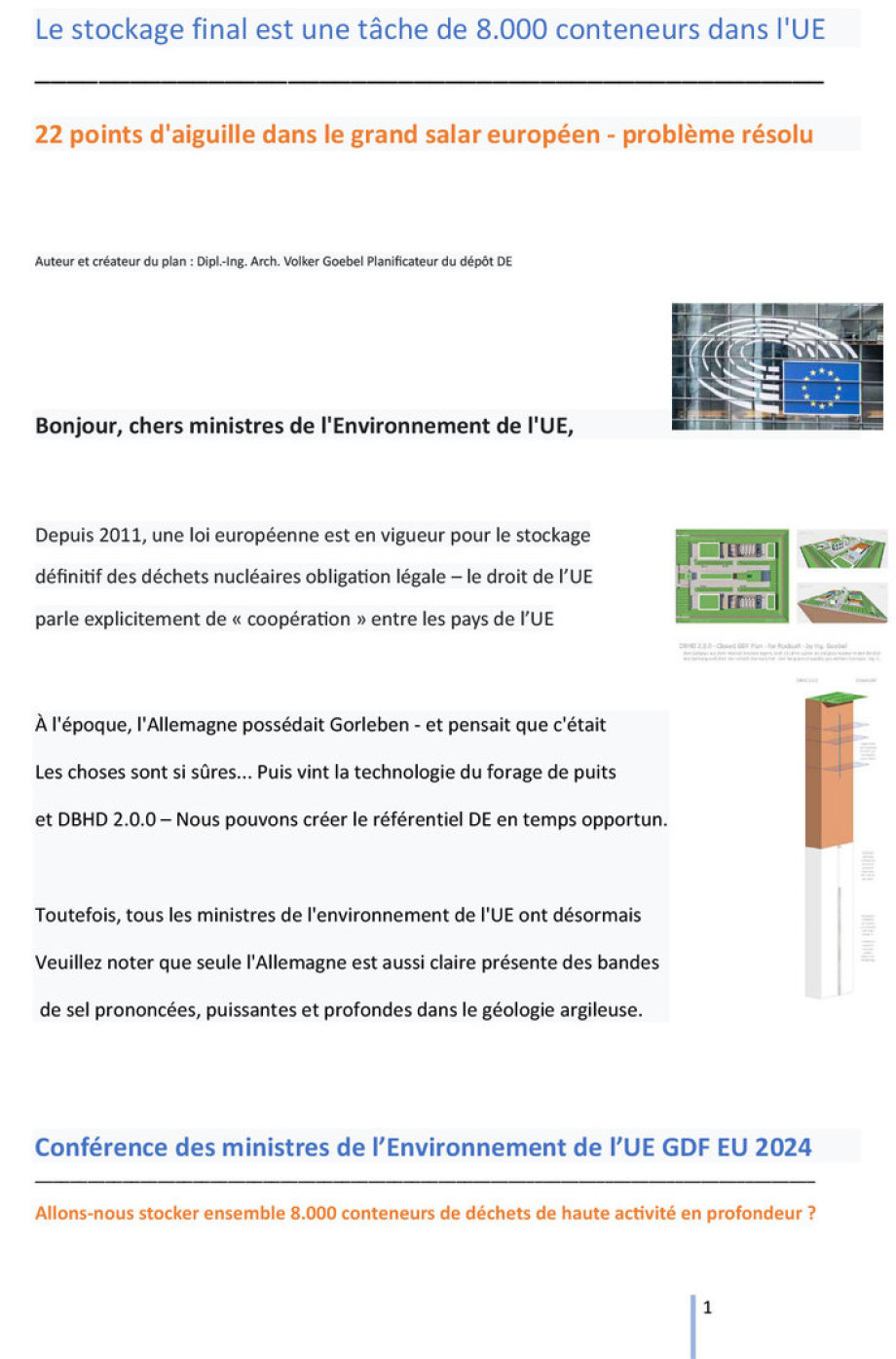 >>> Proposition de conférence ministérielle européenne 2024 sur l'environ-nement et l'énergie concernant le stockage final de 8 000 conteneurs de métaux lourds contenant des résidus hautement radioactifs - Ing. Goebel