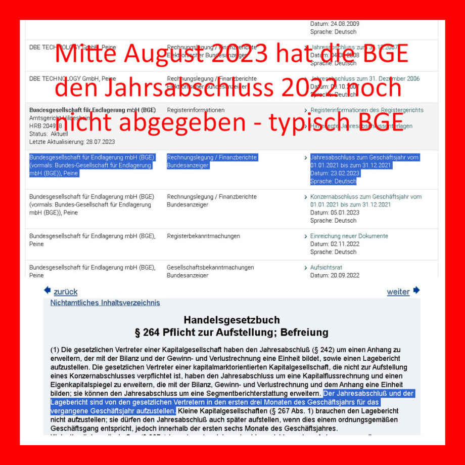 Bilanz BGE GmbH Peine auch Mitte September nicht im Bundesanzeiger