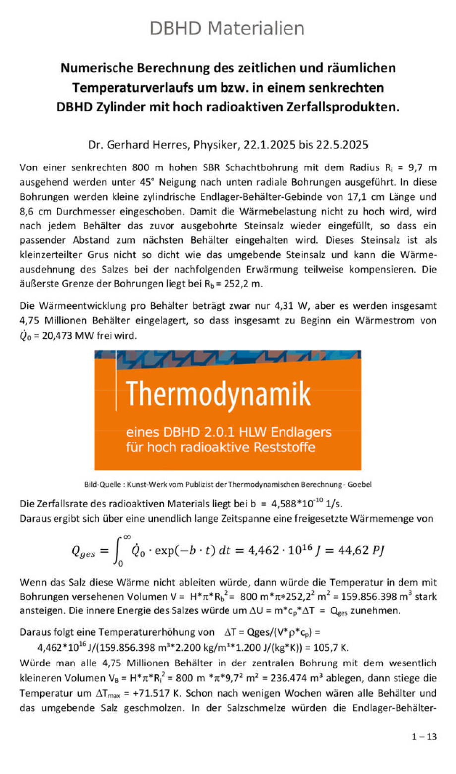 Finale Thermodynamik HLW Endlager DBHD 2.0.1 Tief-Steinsalz "Bei Beverstedt" - Berechnung Physiker Dr. Herres DE