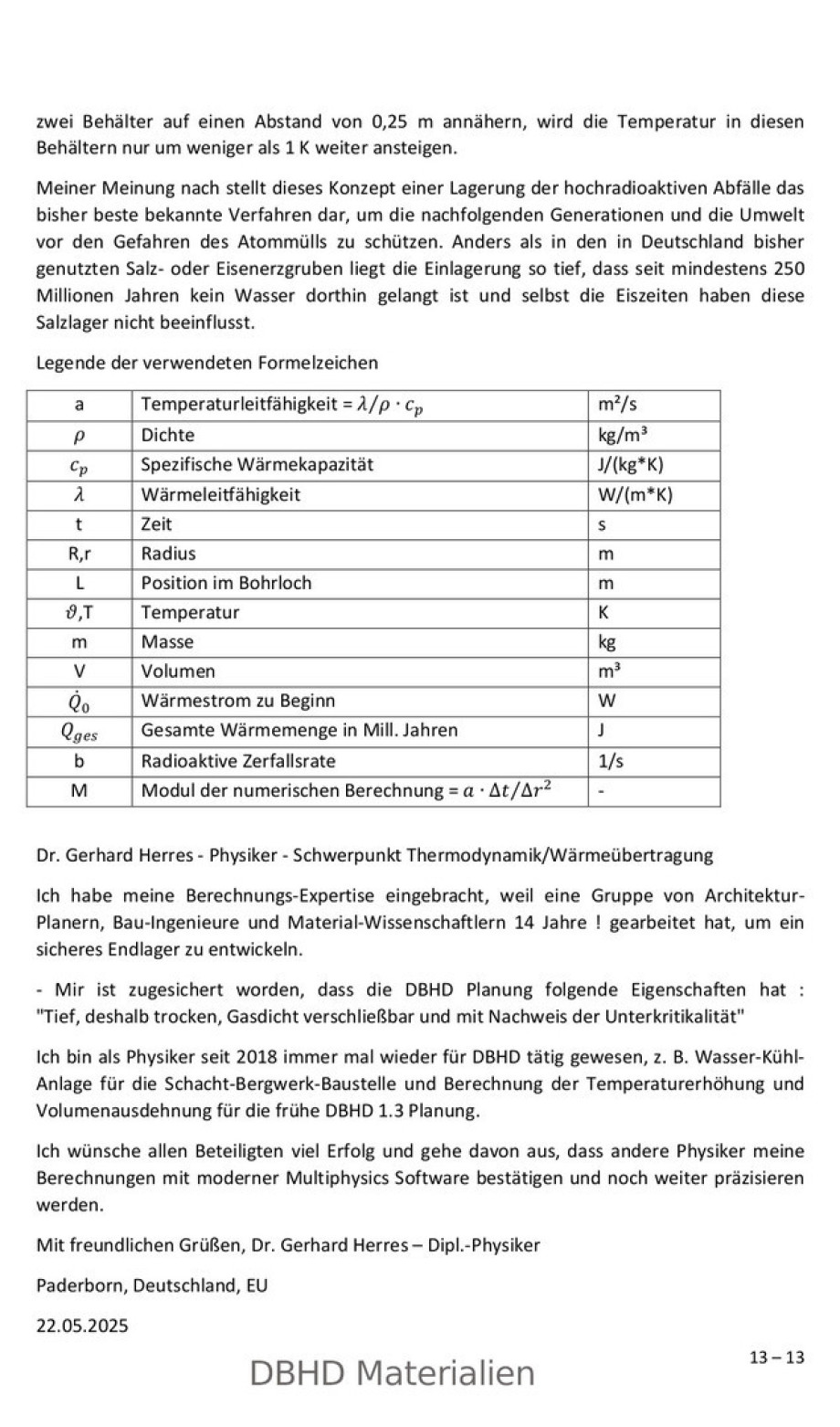 Finale Thermodynamik HLW Endlager DBHD 2.0.1 Tief-Steinsalz "Bei Beverstedt" - Berechnung Physiker Dr. Herres DE