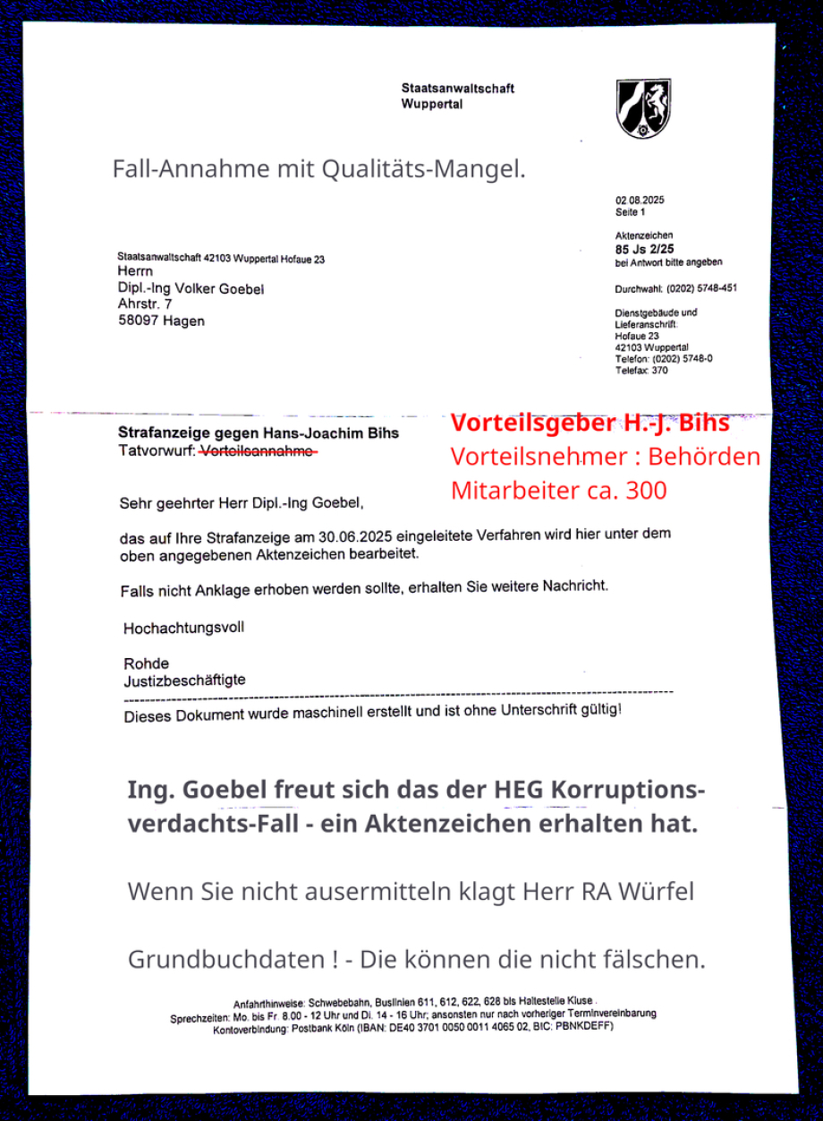 Staatsanwaltschaft Wuppertal eröffnet Straf-Verfahren gegen Hans Joachim Bihs - HEG Geschäftsführer in Hagen