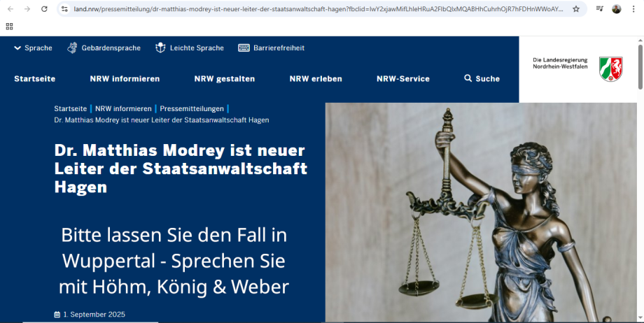 Oberstaatsanwalt Hagen Herr Dr. Matthias Modrey,      Ganz herzlichen Glückwunsch zur neuen Stelle. - Ein Dr. macht Hoffnung.      Bitte lassen Sie den Fall 85 Js 2/25 bei der Schwerpunkt Staatsanwaltschaft Wuppertal    Es geht nur darum eine städtische G