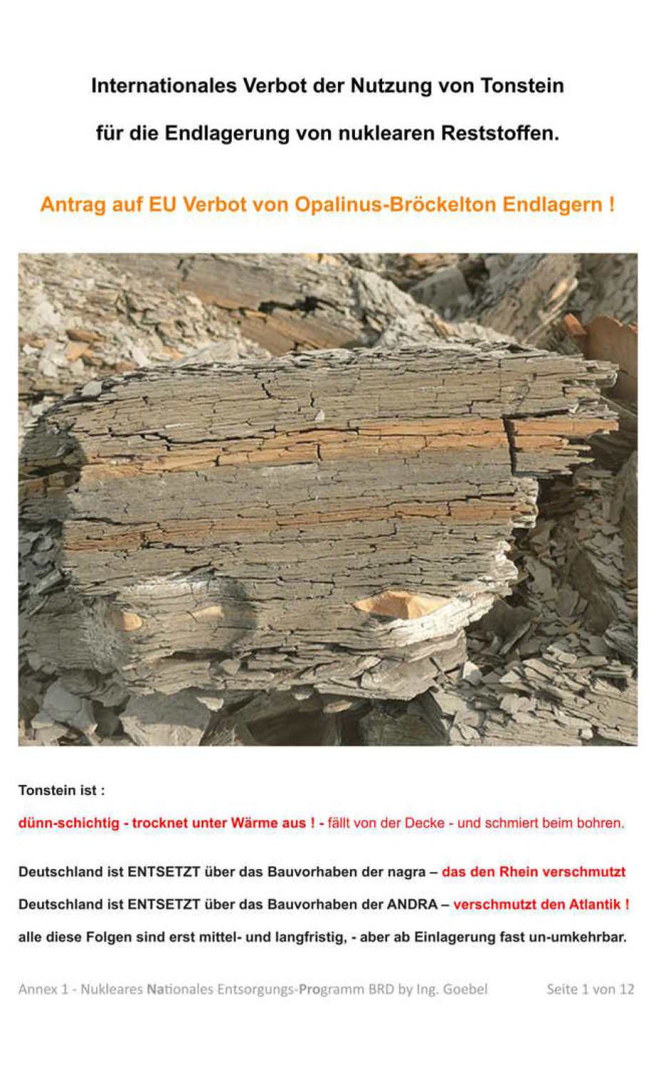 Forderung nach einem EU weiten Verbot von Nicht-Endlager-Bau-Katastrophen der BGE in Opalinus-Bröckel-Tonstein