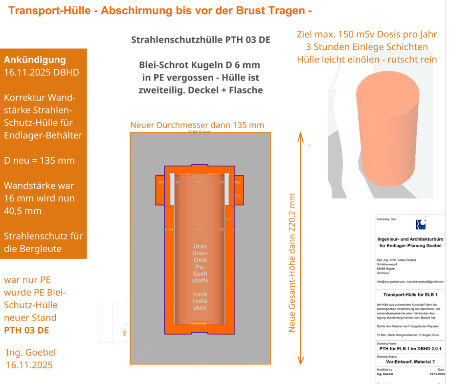 >>> Korrektur Wandstärke Strahlenschutz-Hülle für Endlager-Behälter. Wandstärke der PE-Blei-Hülle war 16 mm nun 40,5 mm rundherum. Es gab viele Stimmen die mehr Strahlenschutz für der Bergleute forderten.