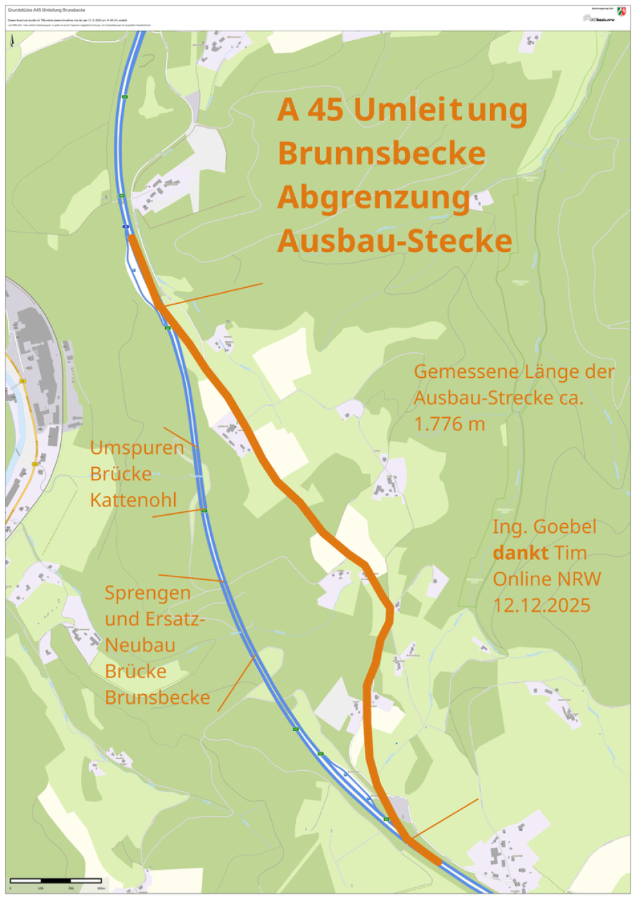 >>> Übersichts-Plan "Umleitung A 45 Brunsbecke" - Pachtverträge für 7  Jahre machen - sehr wenig Anwohner betroffen - Kettensägen-Kolonne,  Bulldozer, Bagger und Spundwand-Planken, Steine und Asphalt senden.