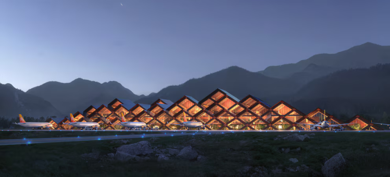 Outside - Bhutan builds a new airport in Gelephu mindfullness city - very nice architectural draft from BIG - Glulam Beams - a mountainlike shape - very sustainable - Build it ...