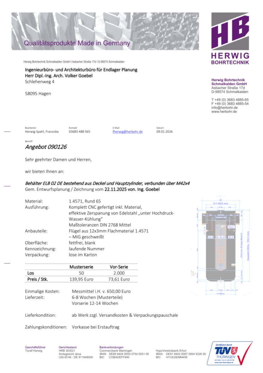 Angebot für Drehteil Endlager-Behälter von Fa. Herwig Bohrtechnik - Dank an Frau GF Franziska Herwig-Spahl