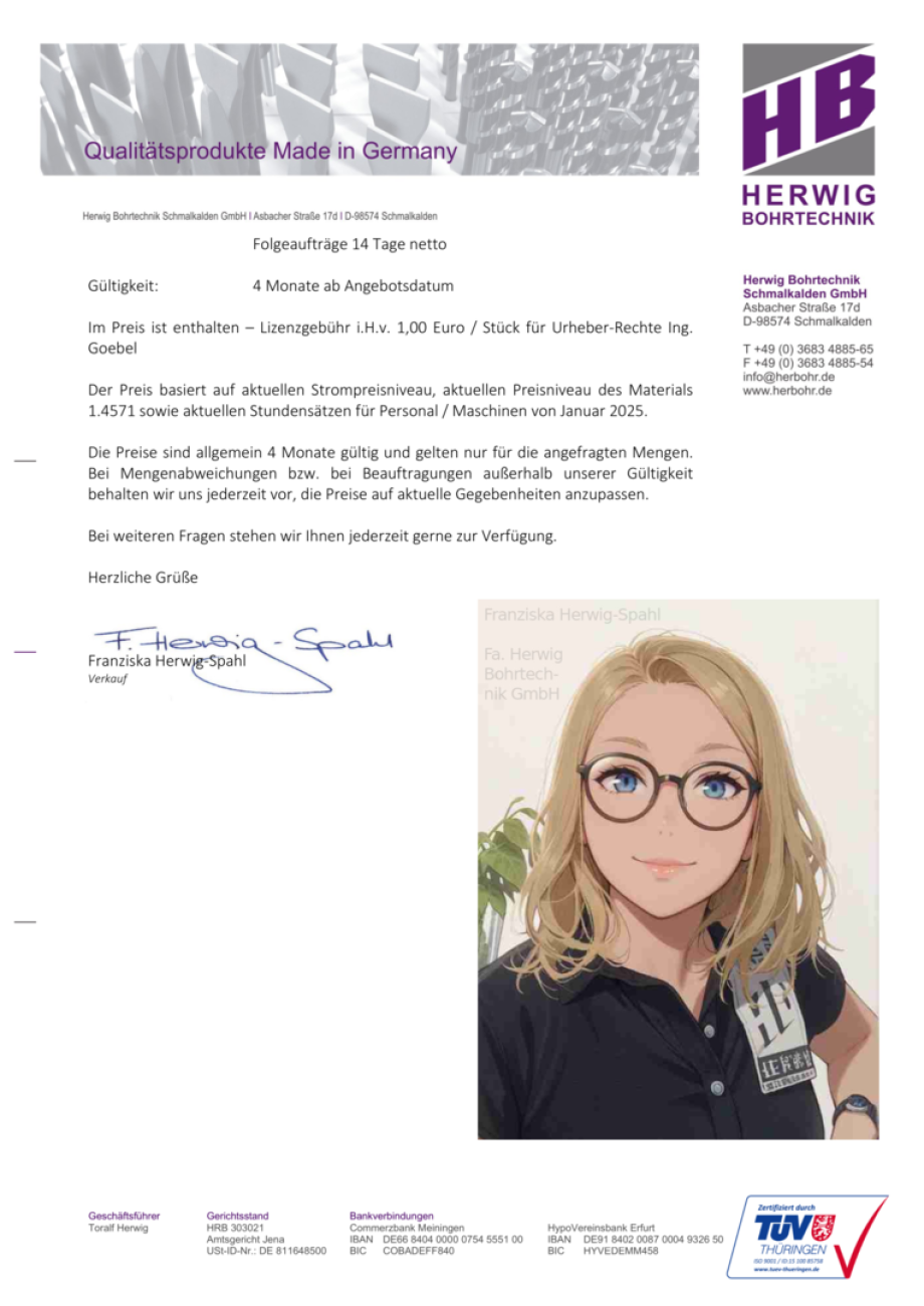 Angebot für Drehteil Endlager-Behälter von Fa. Herwig Bohrtechnik - Dank an Frau GF Franziska Herwig-Spahl