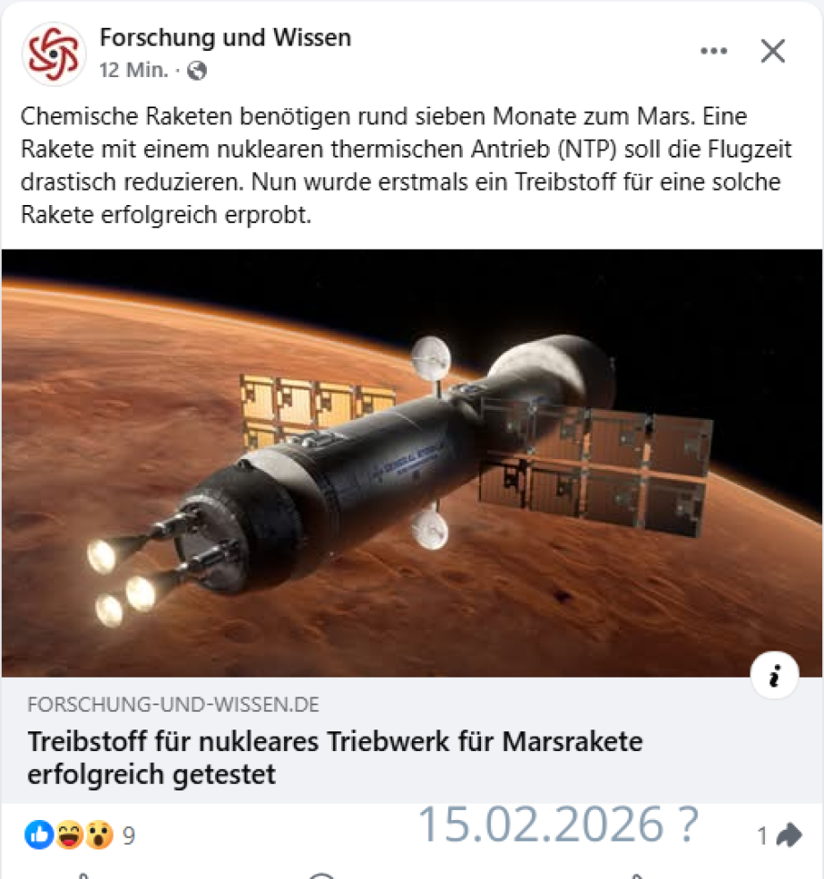 >>>Nuklear-thermischer Raumfahrt Antrieb - Nuclear-Thermic-Powered (NTP) Wärme-Druck-Rakete - Aus Wasserstoff H2 ? - Zwerg-Fusions-Reaktoren ?  + 2.300 °C work temperature just above buring temperature in - 270 °C space - You need draft plans ? D = ?