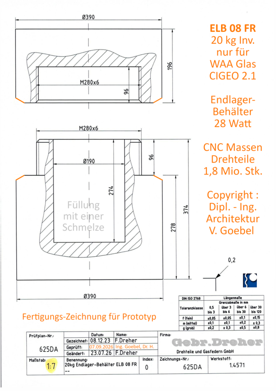 Fertigungs-Zeichnung ELB 08 FR Endlager-Behälter für WAA Spaltprodukte aus La Hague