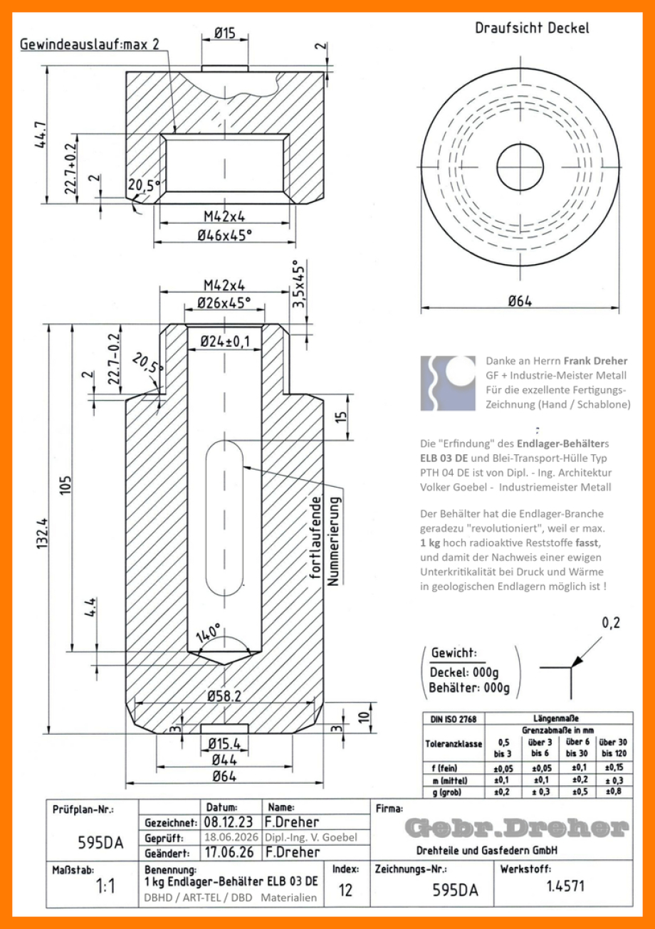 technical drawing GDF container - technische Zeichnung Endlager-Kern-Behälter ohne Hülle