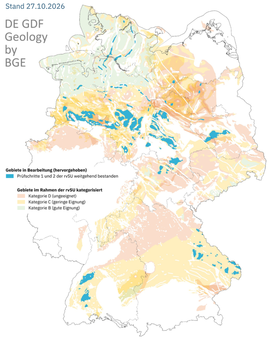 Karte der Vorzugs-Geologien für Endlager nach Meinung der BGE GmbH Peine Stand 2026