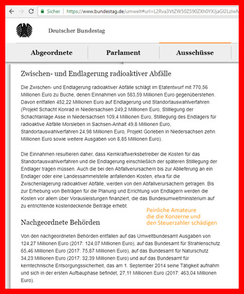1. ) - 70 Mio. EUR Negativ-Zinsen WEG - nie mehr für Endlager verfügbar ! Dabei hatte Frau Anja Mikus ein strafzinsfreies Angebot der ZKB Schweiz 2. ) -180 Mio. EUR wg. Schacht Konrad - für diese 50 ger Jahre Planung ! DBHD Endlager HLW 5,6 Mrd. EUR und A