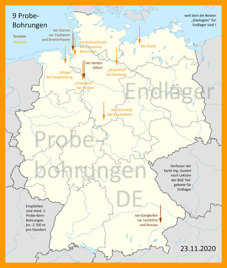 >>> Probe-Bohrungen-Karte DE Endlager-Standort-Teilgebiete_BGE_Ing_Goebel >>> map for probe drillings Germany based on BGE geology search - #Probe #Drillings #Germany #GDF #Rocksalt #Claystone - https://lnkd.in/eBkZTgb
