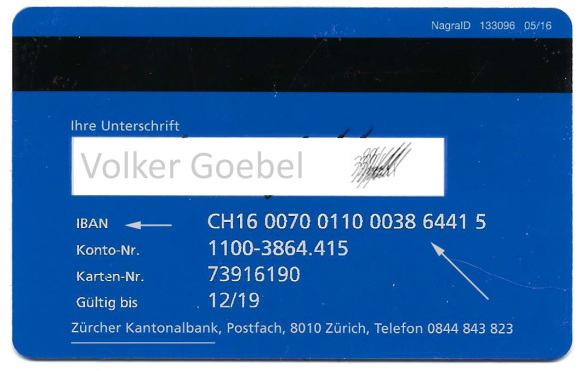 Bankverbindung Dipl.-Ing. Volker Goebel - Zürcher Kantonalbank ist seriös