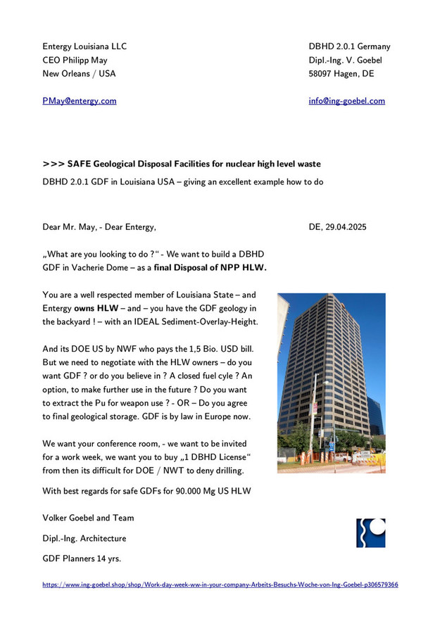 >>> Open letter to our respected dialogue partner CEO Philipp May.  DBHD proposes a first GDF in deep rocksalt - based on US geology  data - provided by DOE / NWF - Its about time for the HLW funeral.