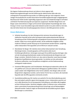 FDP Hagen Wahlprogramm Kommunalwahl 2025