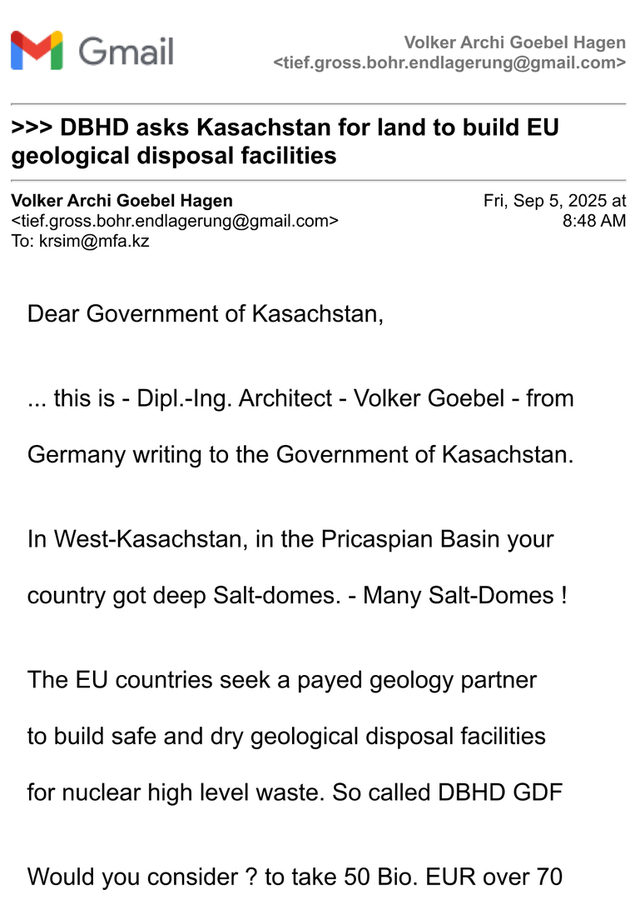 DBHD asks Kasachstan for land to build EU geological disposal facilities