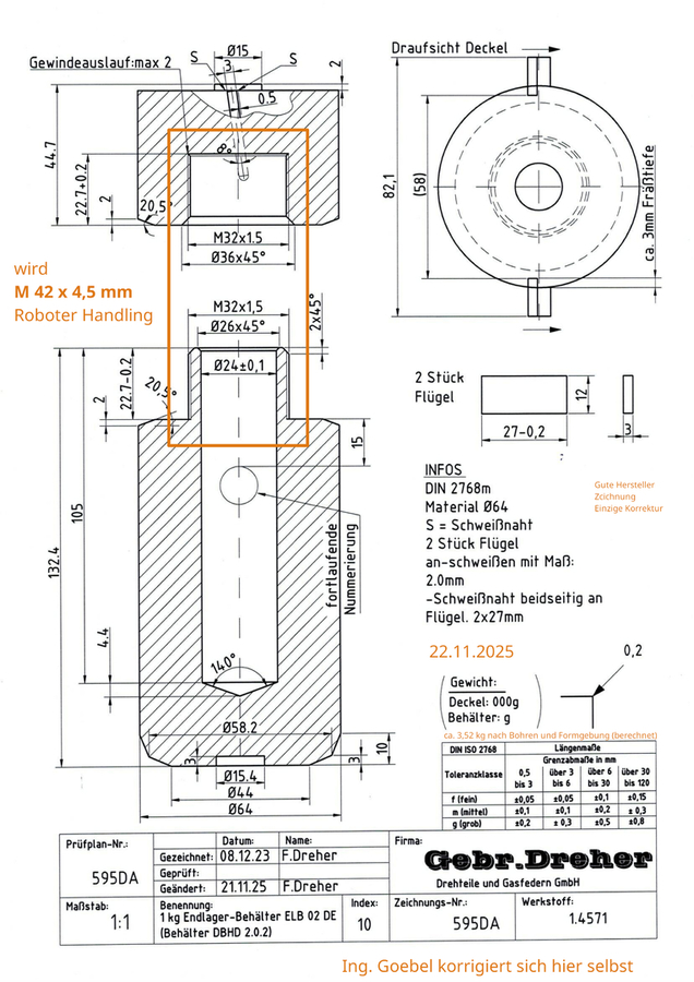 Gute Zeichnung vom Behälter-Hersteller - allerdings musste Ing. Goebel das Gewinde noch richtig definieren - mein Fehler