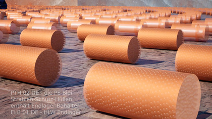 Endlager-Behälter und Strahlenschutz-Hülle = Endlager-Gebinde - max. 1 Kg HLW Inventar