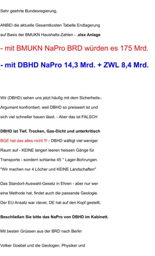 Brief an die Bundesregierung die 2 NaPros zum Thema Endlager auf dem Tisch hat