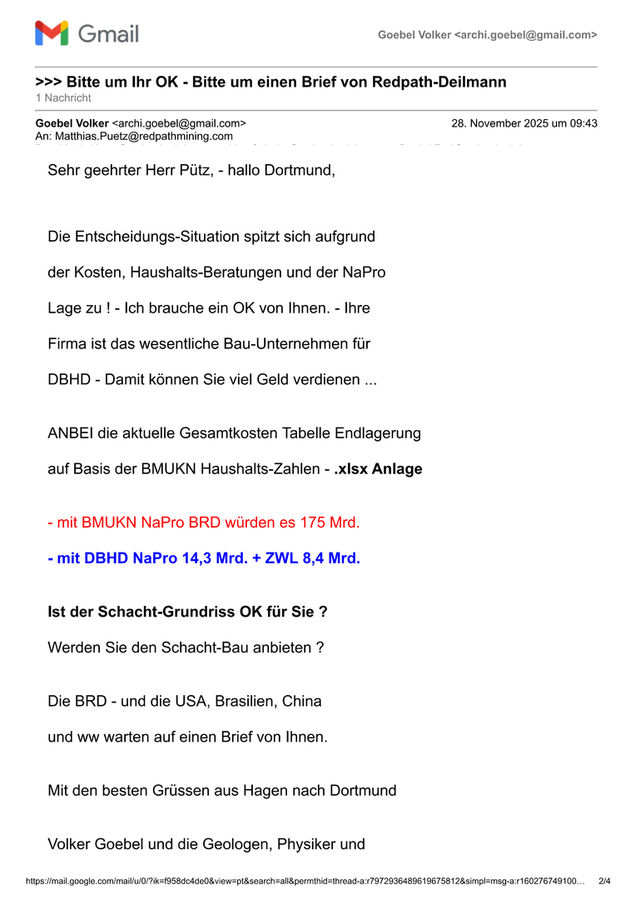 >>> Redpath-Deilmann - Neues großes intern. Geschäft möglich   Die Welt braucht SBR Schachtbauwerke für  die Endlagerung ! - Ihre Redpath-Deilmann  Beteiligung ist das Einzige Bauunternehmen  das diese zahlreichen Bauwerke leisten kann.