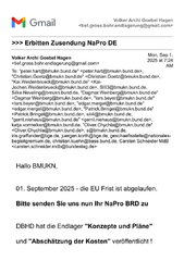 >>> Montag 01. Sept. 2025 - Ing.Goebel schreibt an BMUKN Bonn. Aufforderung das NaPro BRD 2025 zuzusenden. Nationales Nukle- ares Entsorgungs-Programm. Hat diesmal DBHD allein erfüllt > EU