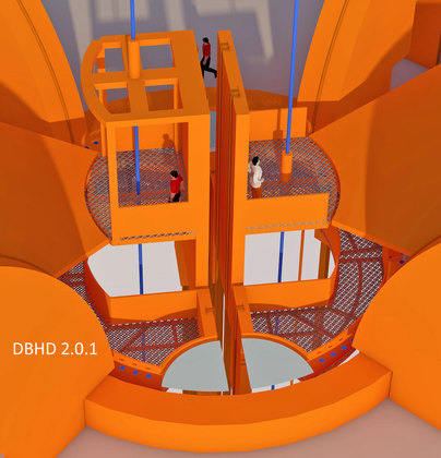 Schacht-Kopf DBHD Endlager - da laufen viel Seile und Rohrleitungen zusammen  - Zwei Körbe am Seil - Längs- und Quer-Belieferung - offener Schacht - Förderturm überdacht