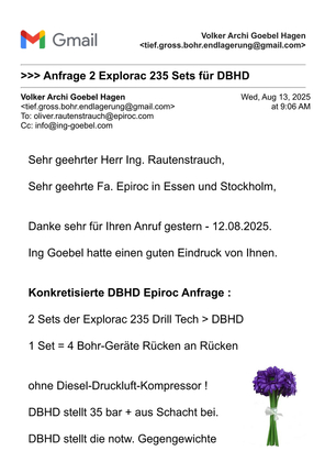 >>> Durch das gute Gespräch mit Vertriebs-Ing. Rautenstrauch war DBHD in der Lagen die Anfrage für die Expiroc 235 Set ganz deutlich zu konkretisieren. - Mit besten Grüssen - Ing. Goebel - DBHD Planer