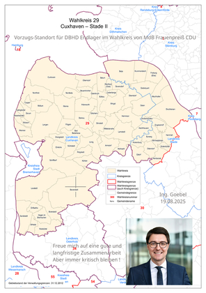 >>> Der Vorzugs-Standort - für die DBHD Endlager - liegt im Wahlkreis Cuxhaven Stade II - "Bei Beverstedt" - dort Super-Welt-Tiefsalz Geologie Das ist der Wahlkreis von Neu-MdB Herrn Christoph Frauenpreiß - CDU