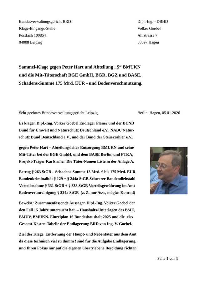 Vor-Entwurf Klage gegen Peter Hart - Bundesverwaltungs-Gericht Leipzig