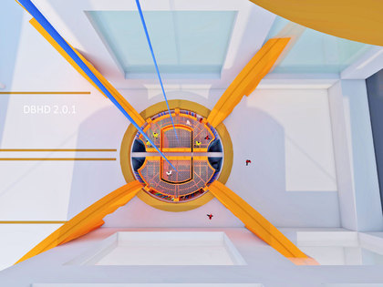 Schacht-Kopf DBHD Endlager - da laufen viel Seile und Rohrleitungen zusammen  - Zwei Körbe am Seil - Längs- und Quer-Belieferung - offener Schacht - Förderturm überdacht