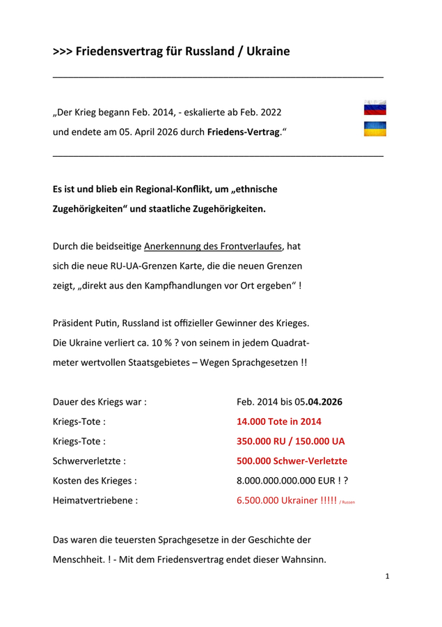 Entwurf : Friedens-Vertrags-Vorschlag Deutsch - Russland-Ukraine Krieg. Die vorliegende Version 5 vom 10.02.2026 enthält jetzt Donbas Regelung. Es sind die Unterschriften die zählen. 